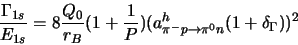 \begin{displaymath}  
\frac{\Gamma _{1s}}{E_{1s}}=8\frac{Q_{0}}{r_{B}}(1+\frac{1}{...  
...{h}_{\pi ^{-}p\rightarrow \pi ^{0}n}(1+\delta _{\Gamma }))^{2}  
\end{displaymath}